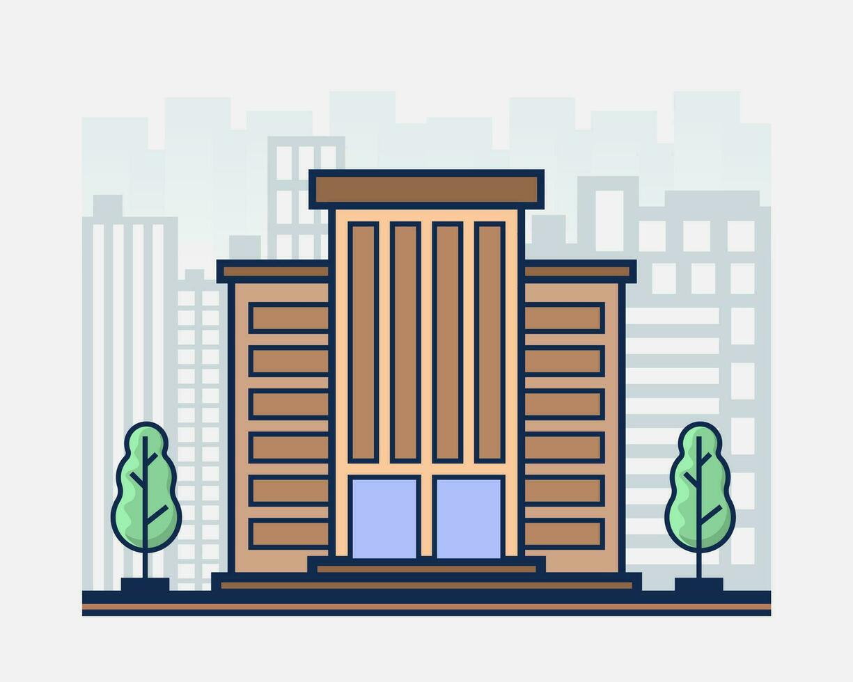 Modern office building in flat style with trees. Hotel illustration. vector