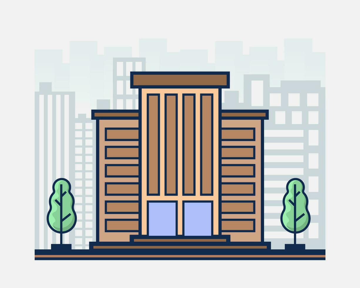 moderno oficina edificio en plano estilo con arboles hotel ilustración. vector