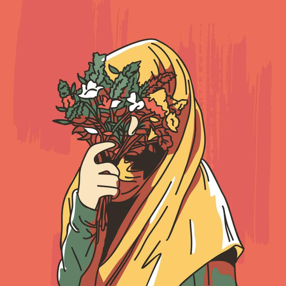 illustration of a Muslim woman with an introverted face vector