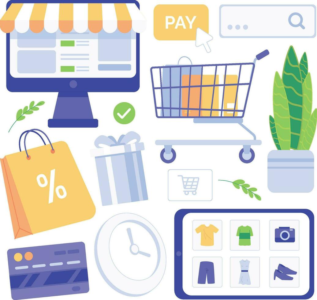 Shopping online icon set. Vector illustration in a flat style. Flat design vector illustration concept of online shopping. Online transactions. Vector illustration
