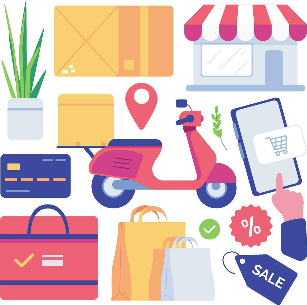 Online shopping, e-commerce concept. Shopping icons set. Flat illustration of shopping icons set for web design. Vector illustration