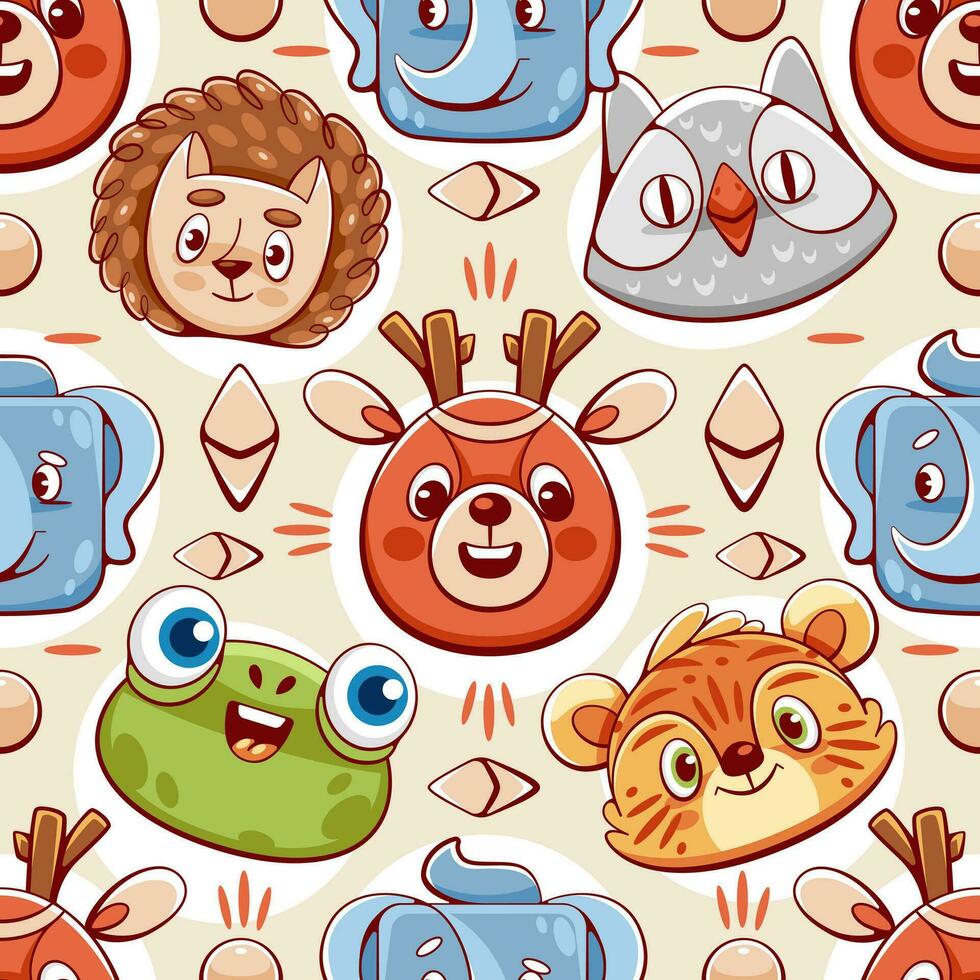 Vector pattern with cute animals, hedgehog, frog, tiger, deer, elephant in cartoon style.