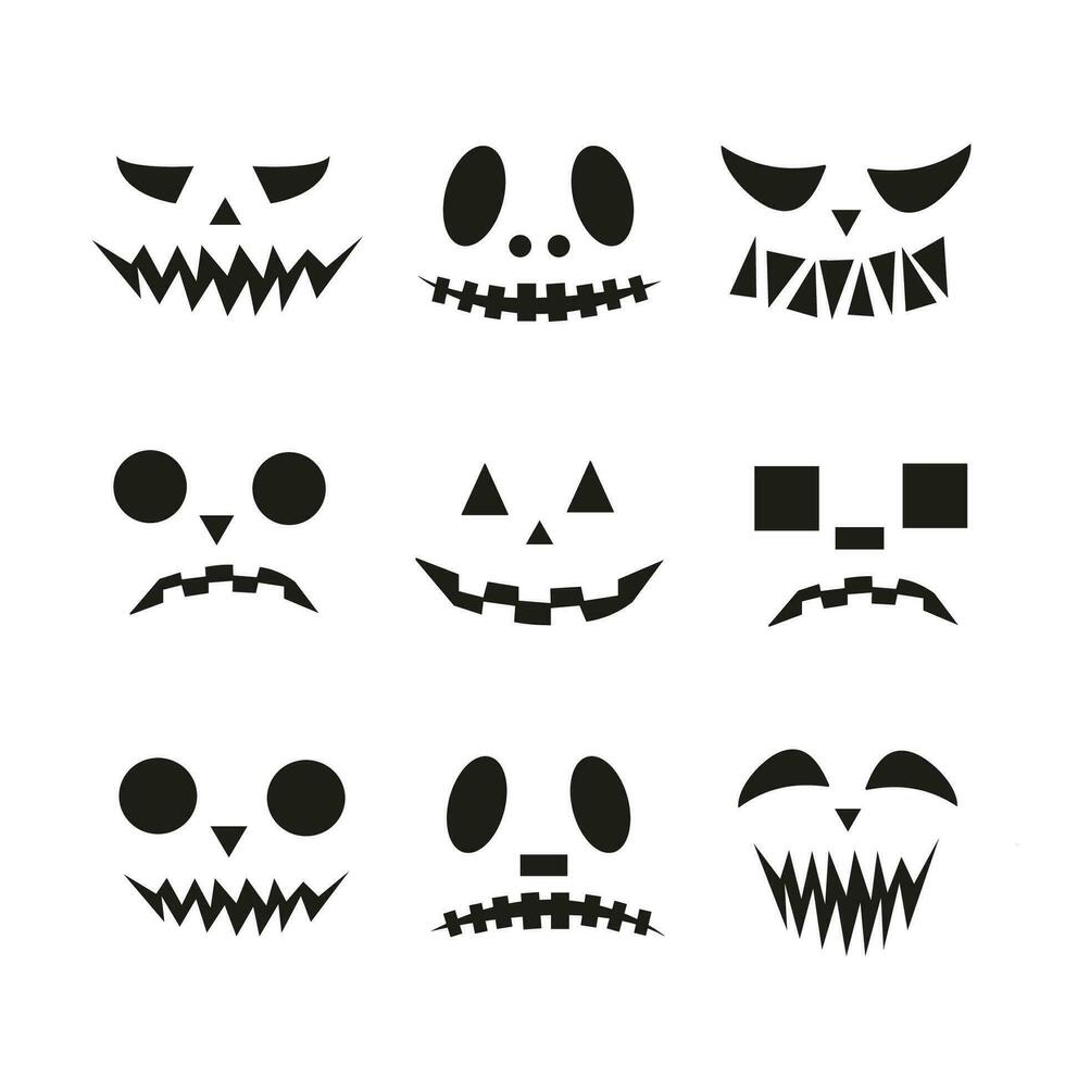 Pumpkin faces collection. Hand drawn vector illustration. Isolated black objects on white background.