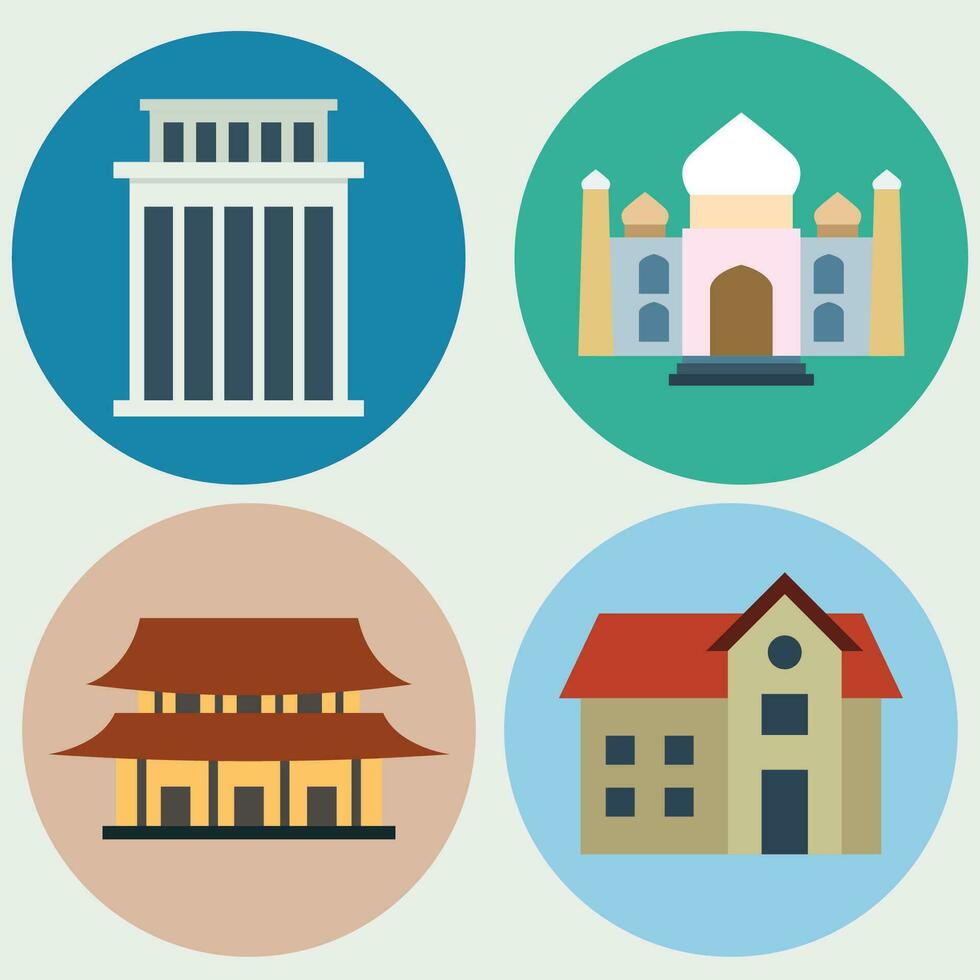 Buildings icon vector set. Bank, school, courthouse, university, library. Architecture concept. Can be used for topics like office, city, real estate