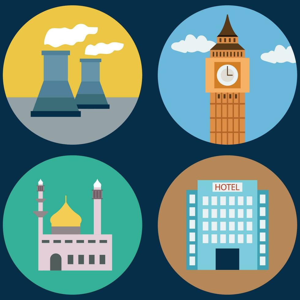 Buildings icon vector set. Bank, school, courthouse, university, library. Architecture concept. Can be used for topics like office, city, real estate