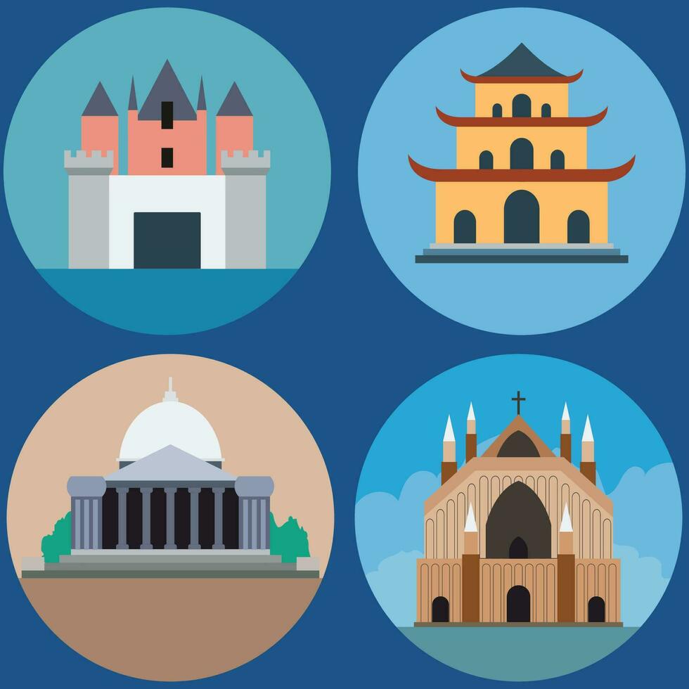 Buildings icon vector set. Bank, school, courthouse, university, library. Architecture concept. Can be used for topics like office, city, real estate