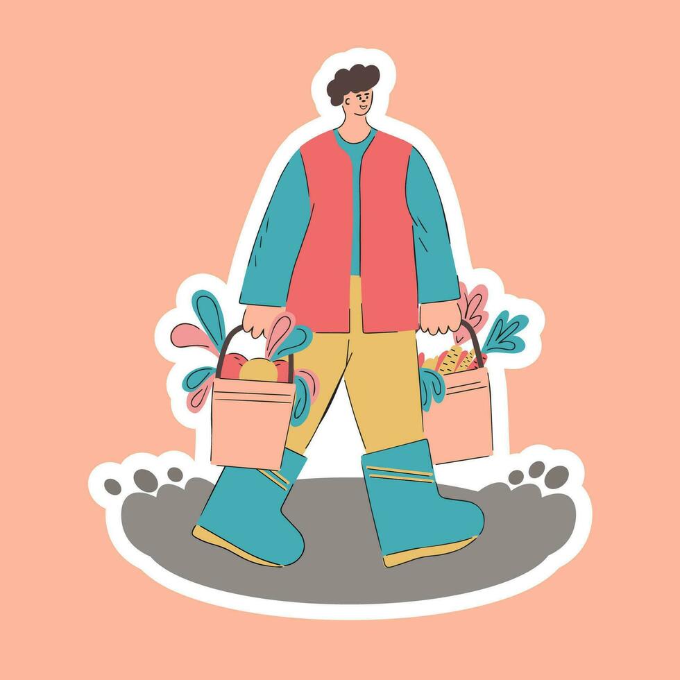 un hombre lleva vegetales en baldes pegatina. agrícola otoño trabajar. cosecha. plano ilustración. vector
