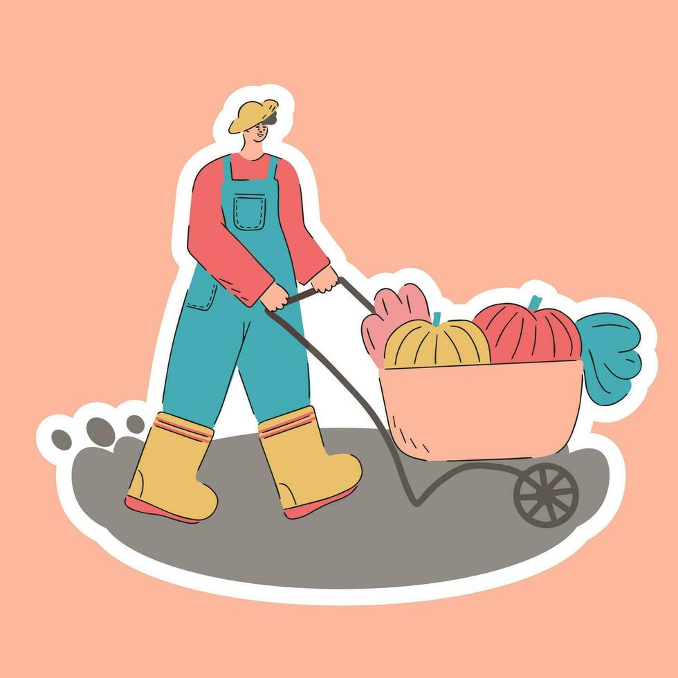 Harvesting. A man is harvesting. Sticker. Cart with pumpkins. Agricultural autumn work. Flat illustration vector