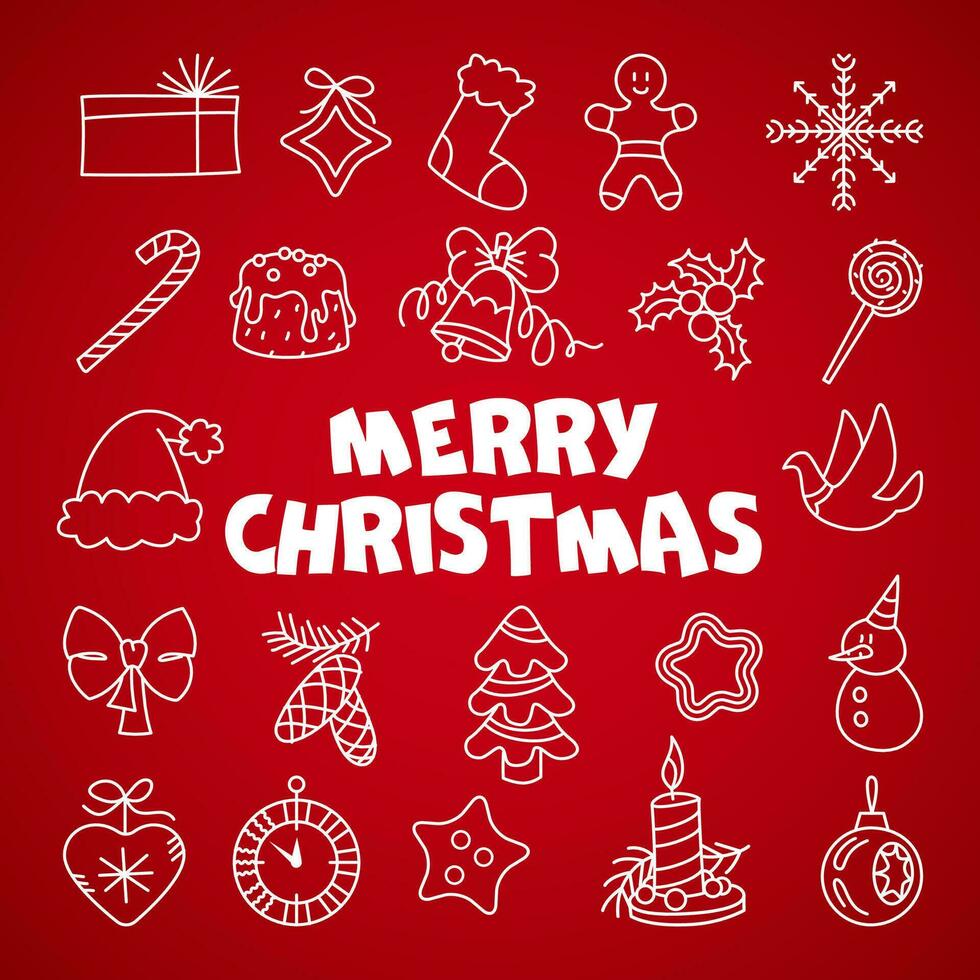 Set of Christmas objects. Merry Christmas text. Line doodle illustration on red background vector