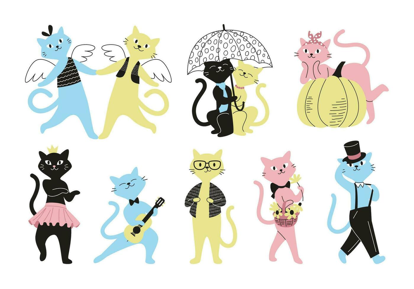Set of multi-colored cats with clothing elements. Vector illustration with lines and texture, isolated on white