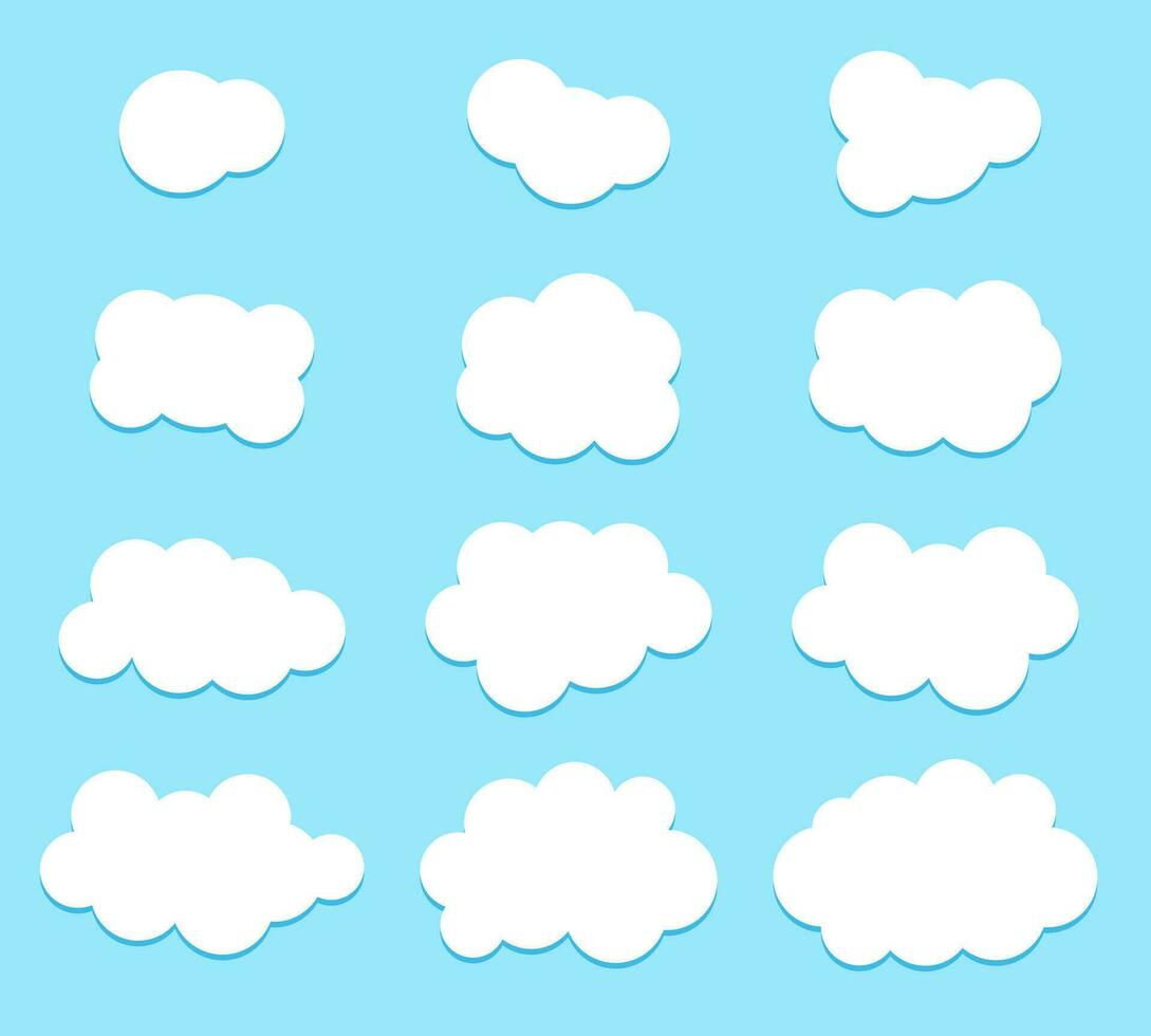 Set of vector white clouds of different shapes on a blue background. Vector simple illustration