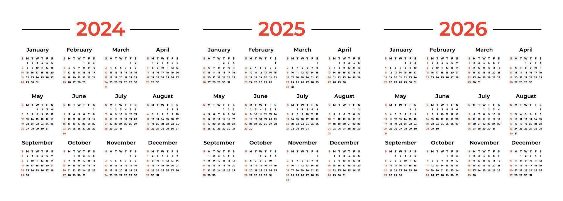 Calendar 2024, 2025, 2026. The week starts on Sunday. Simple calendar layout. 12 Month Desk Planner Template. Organizer in English. Vector illustration