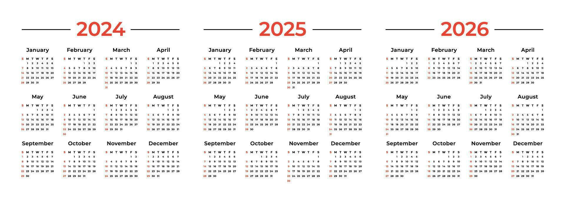 Calendar 2024, 2025, 2026. The week starts on Sunday. Simple calendar layout. 12 Month Desk Planner Template. Organizer in English. Vector illustration