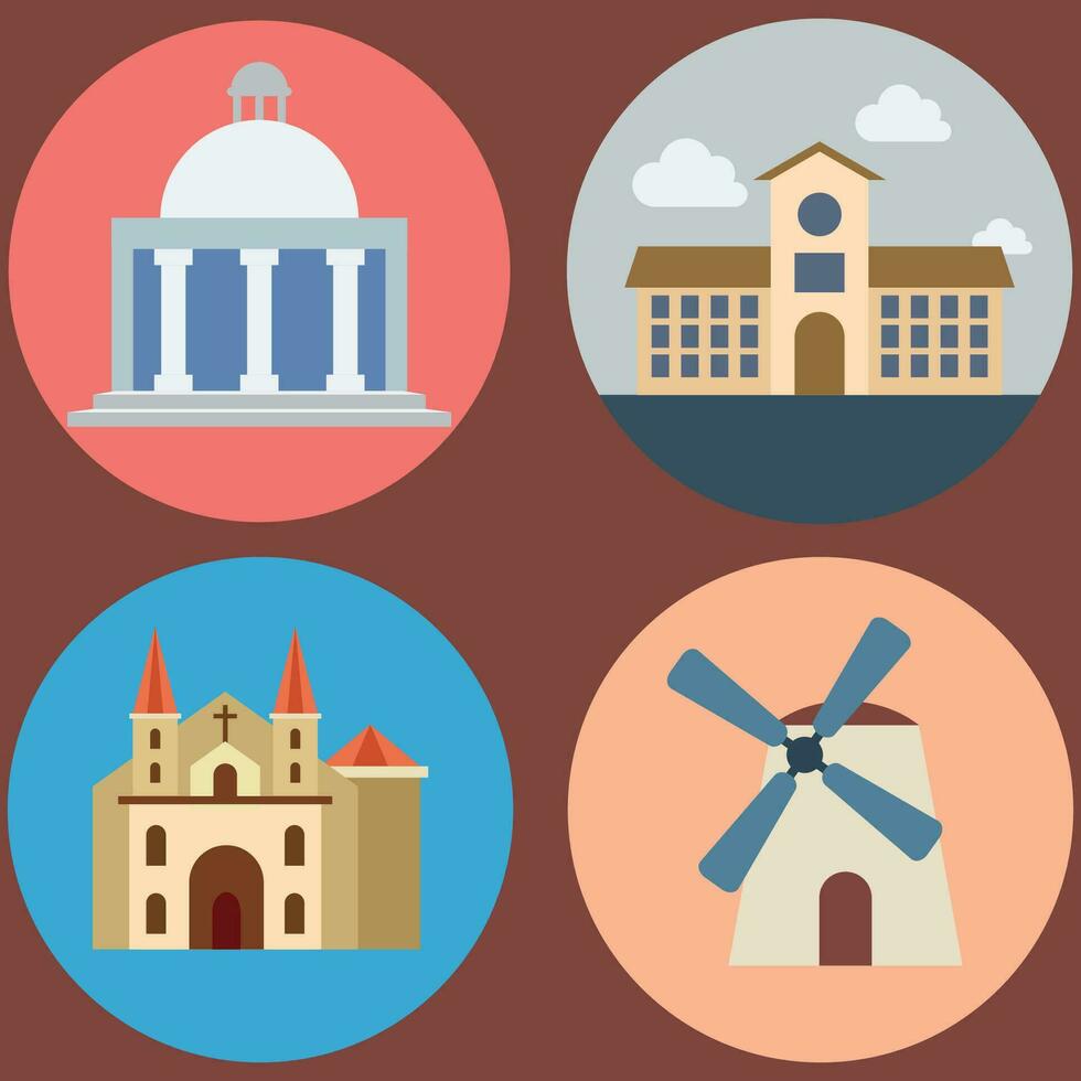 Buildings icon vector set. Bank, school, courthouse, university, library. Architecture concept. Can be used for topics like office, city, real estate