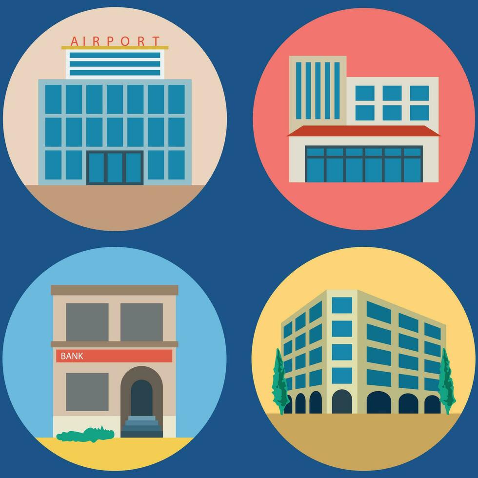 Buildings icon vector set. Bank, school, courthouse, university, library. Architecture concept. Can be used for topics like office, city, real estate