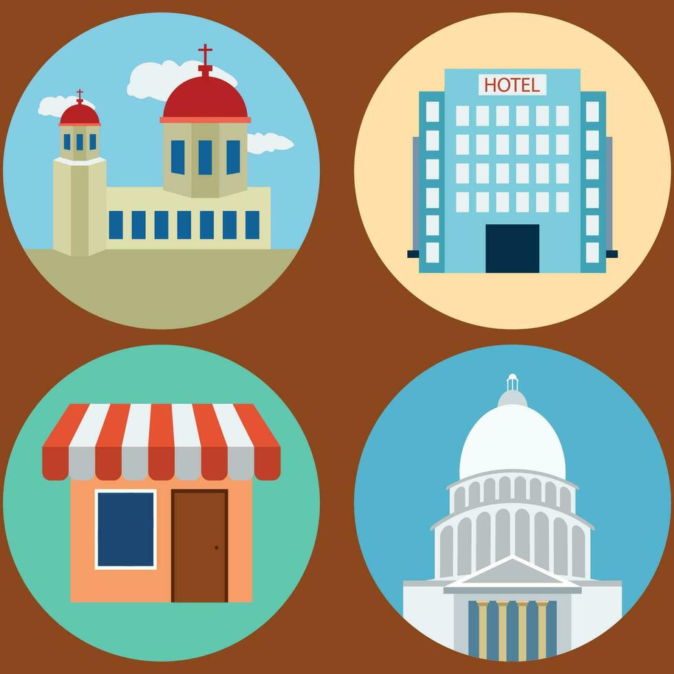 Buildings icon vector set. Bank, school, courthouse, university, library. Architecture concept. Can be used for topics like office, city, real estate