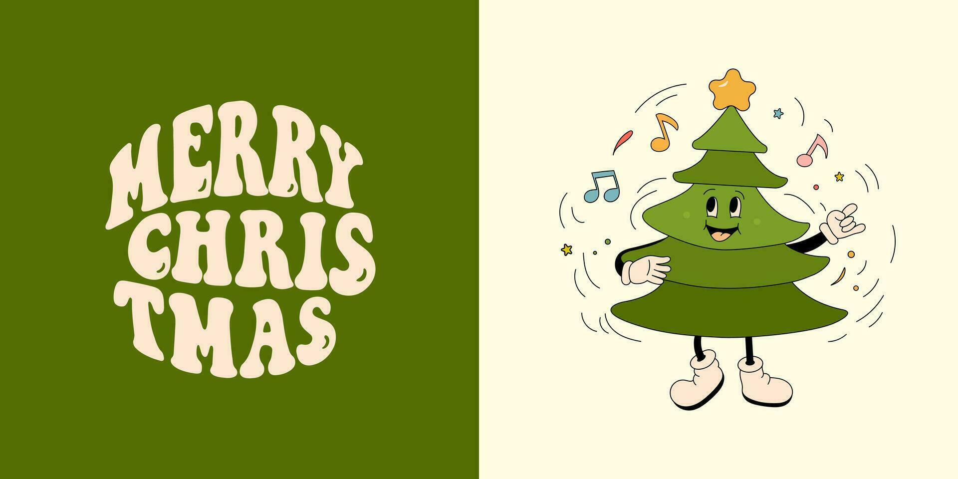 Groovy lettering Merry Christmas. Retro Christmas tree character. Holiday Trendy t shirt print design in shape. Vector illustration