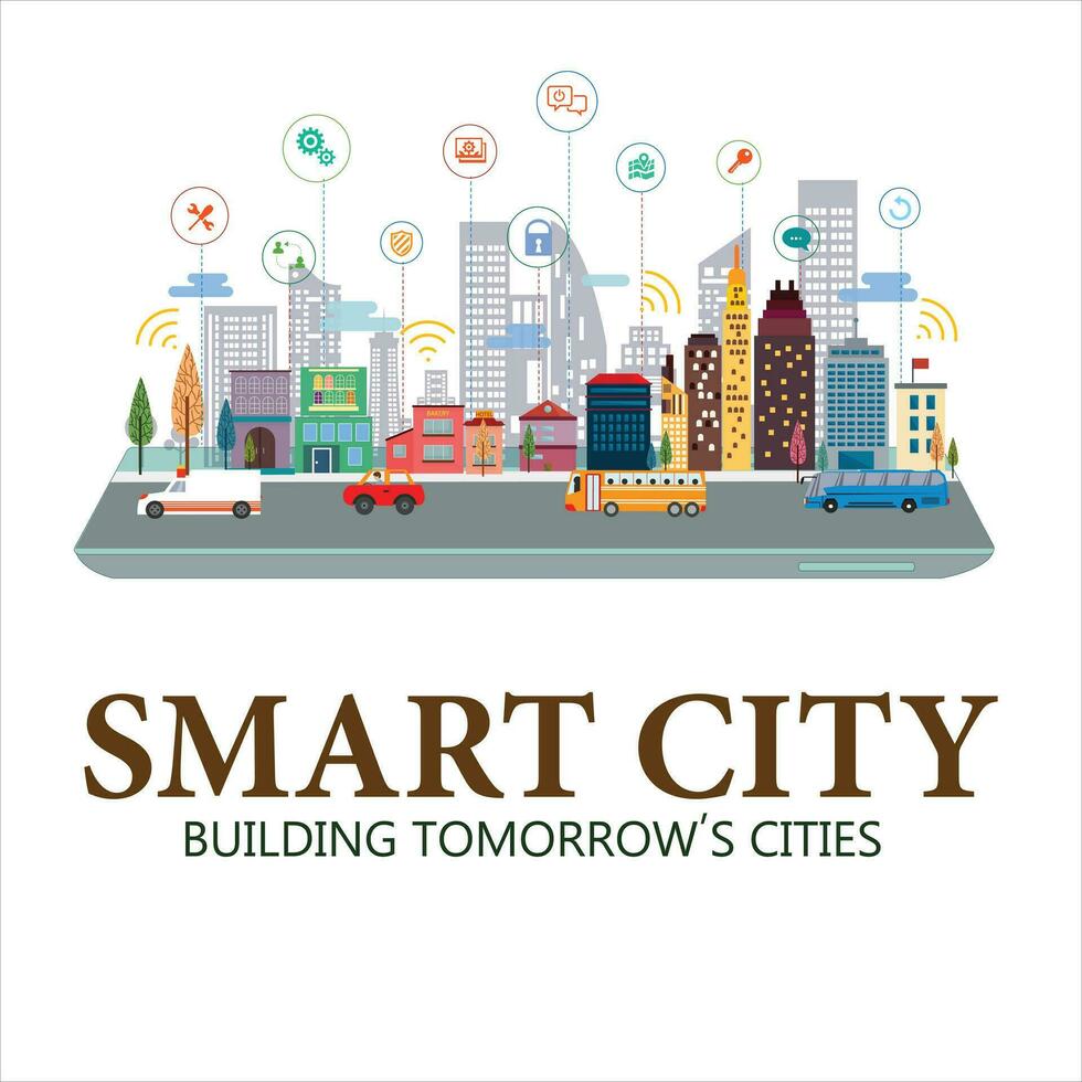 inteligente ciudad con contemporáneo edificios, personas y tráfico. redes, conexión y Internet de cosas íconos en parte superior vector