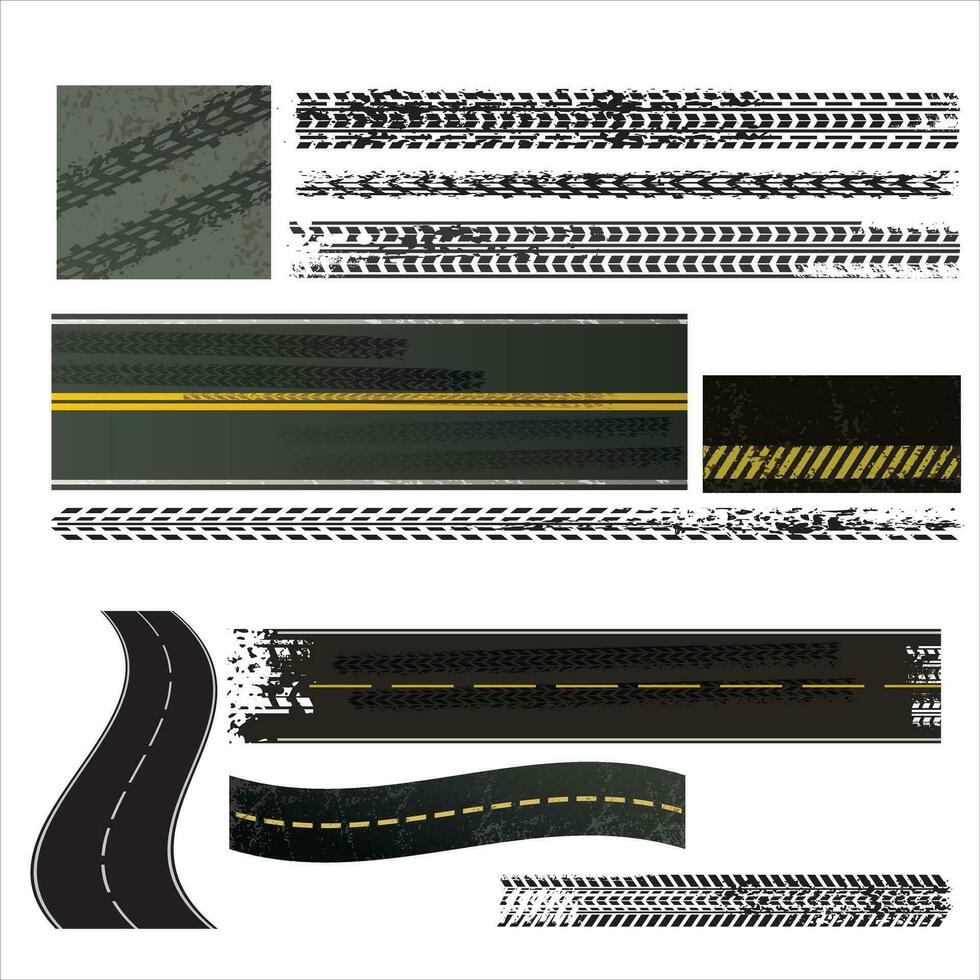 Tire tracks on the road. Dirty Grunge Vector Print Textured Set. Vector illustration of motorbike and car tire tracks. Grunge automotive elements are useful for poster, booklet, brochure and flyer
