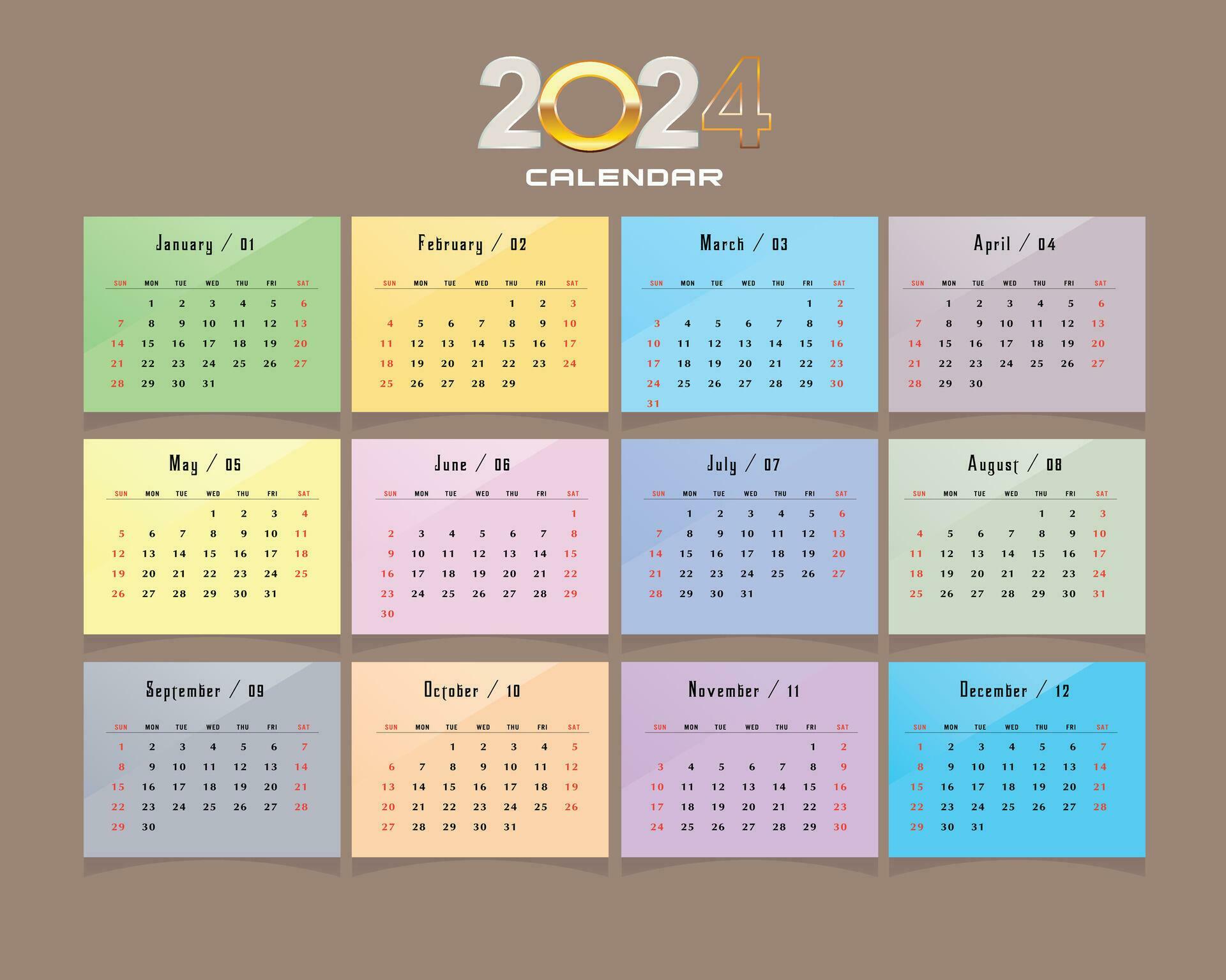 Calendar Template for 2024. Week starts on Sunday. Simple minimal