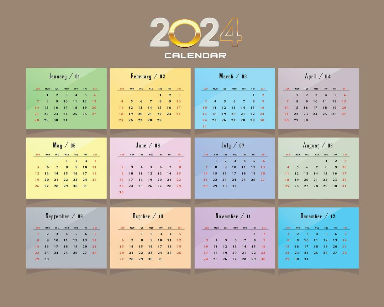 Calendar Template for 2024. Week starts on Sunday. Simple minimal classic style. in the colorful column. Work or business calendar. Minimalist style 2024 calendar. vector