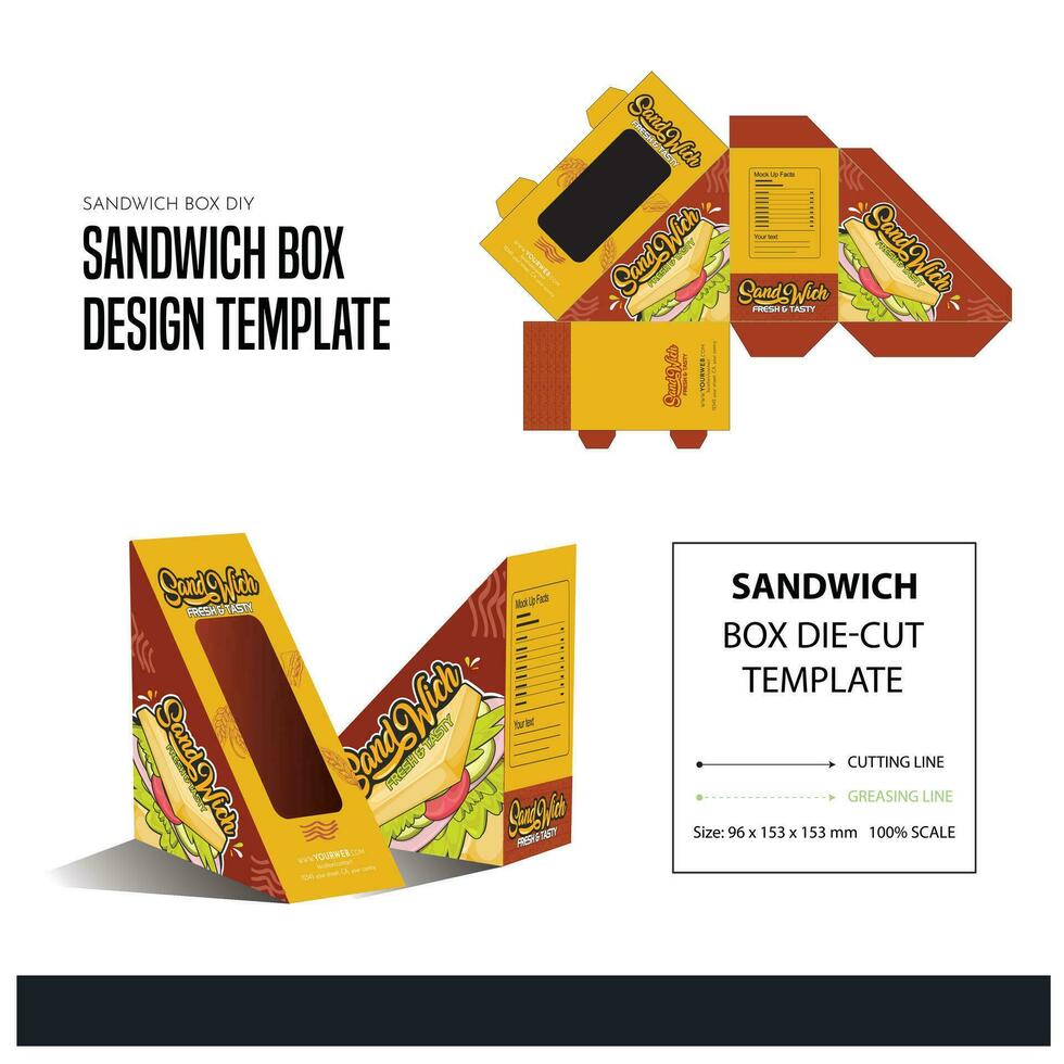 Box packaging die cut template design. Vector Brown Blank Cardboard Triangle Take Away Box Packaging For Sandwich, Food, Gift, Other Products with Plastic Window Mock up Close up