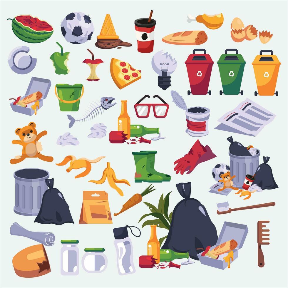 various kinds of rubbish, rotting rubbish and street rubbish bins. dirty food, cartoon trash can, neat vector illustration of rubbish bin