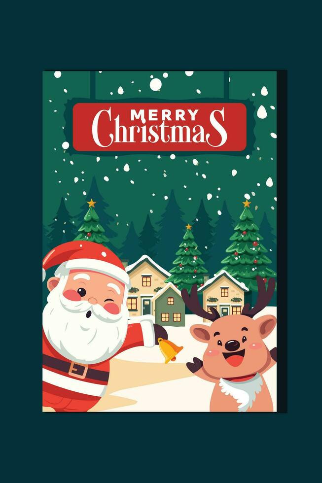 Christmas banner, santa and cute smiling Christmas reindeer delivering gifts in Santa's sleigh. Decorated with snow, trees and Christmas village. vector