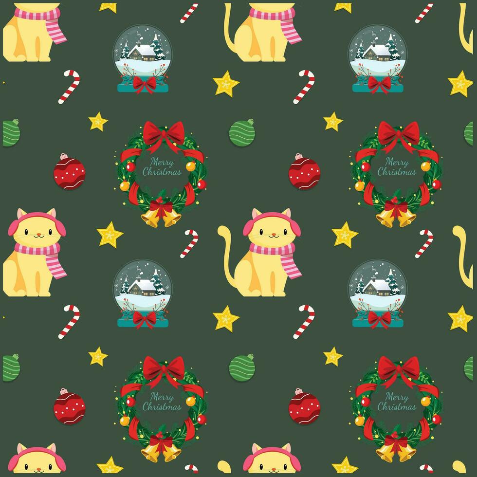 Cute cartoon cats, Christmas trees, snow houses, snowmen and christmas wreaths, candy stars and christmas ornaments. Seamless Christmas pattern. Vector illustration