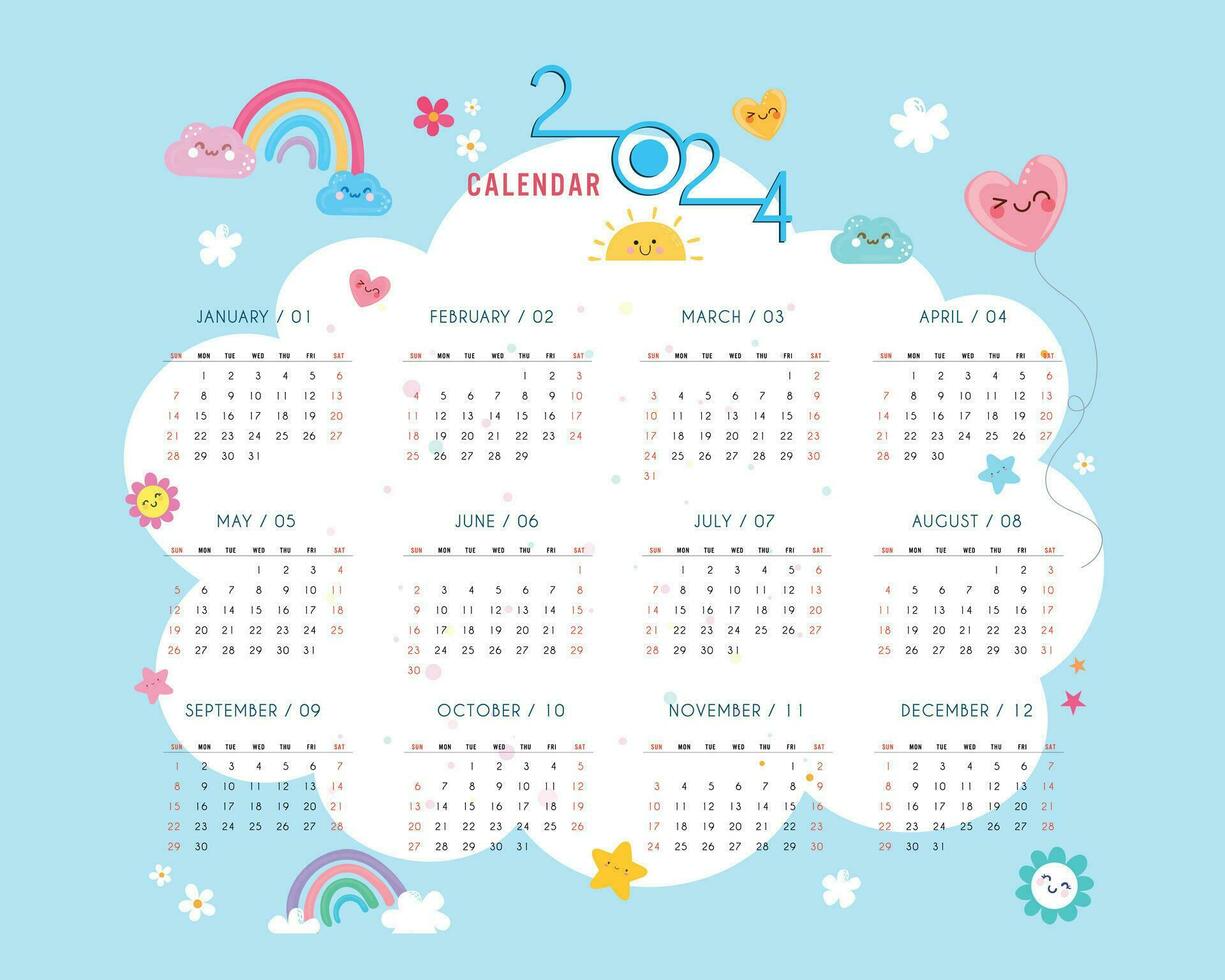 2024 Calendar - illustration. Template. Mock up week starts on Sunday. children's theme calendar, cute, busy and colorful vector