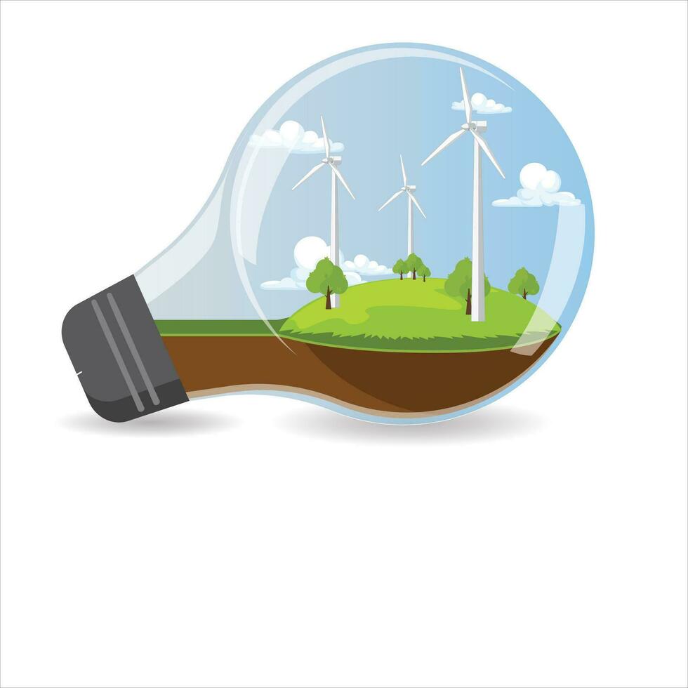 Design for eco friendly banner, light bulb shape with city park and windmill, concept of saving the planet and energy, white background. vector