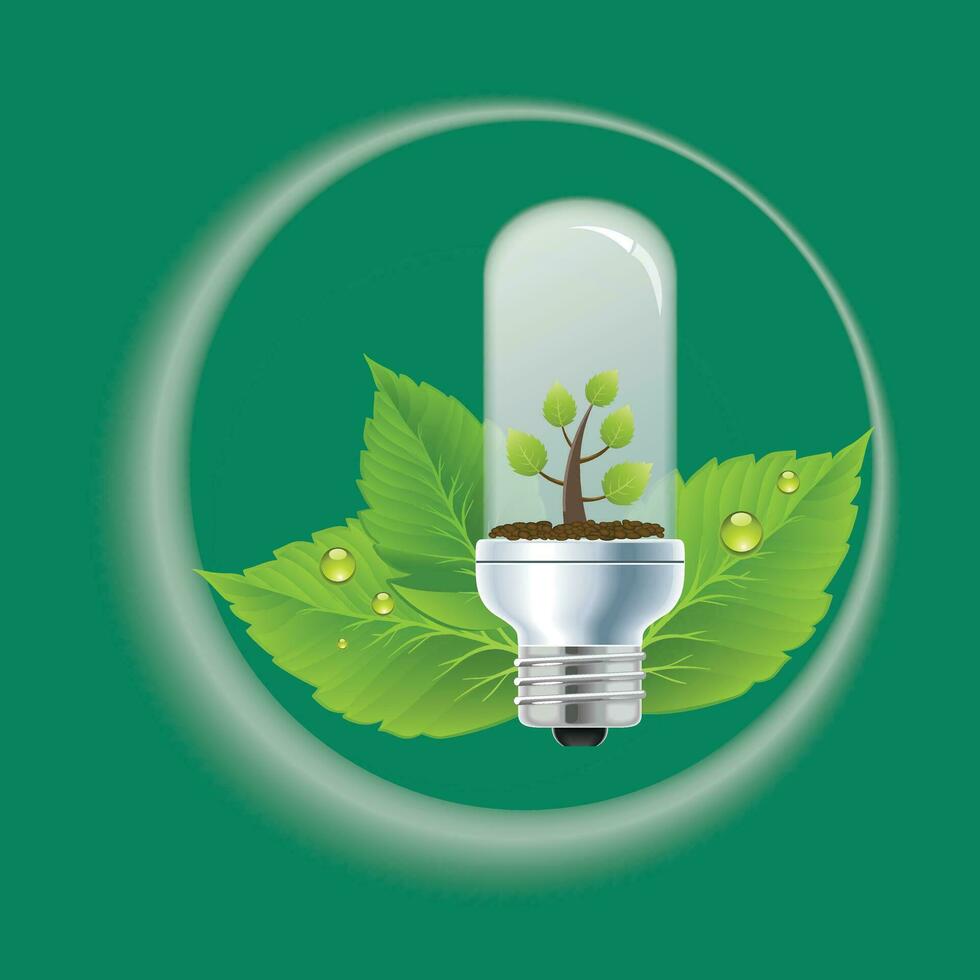 Green eco friendly electric lamp design with green earth, vector illustration