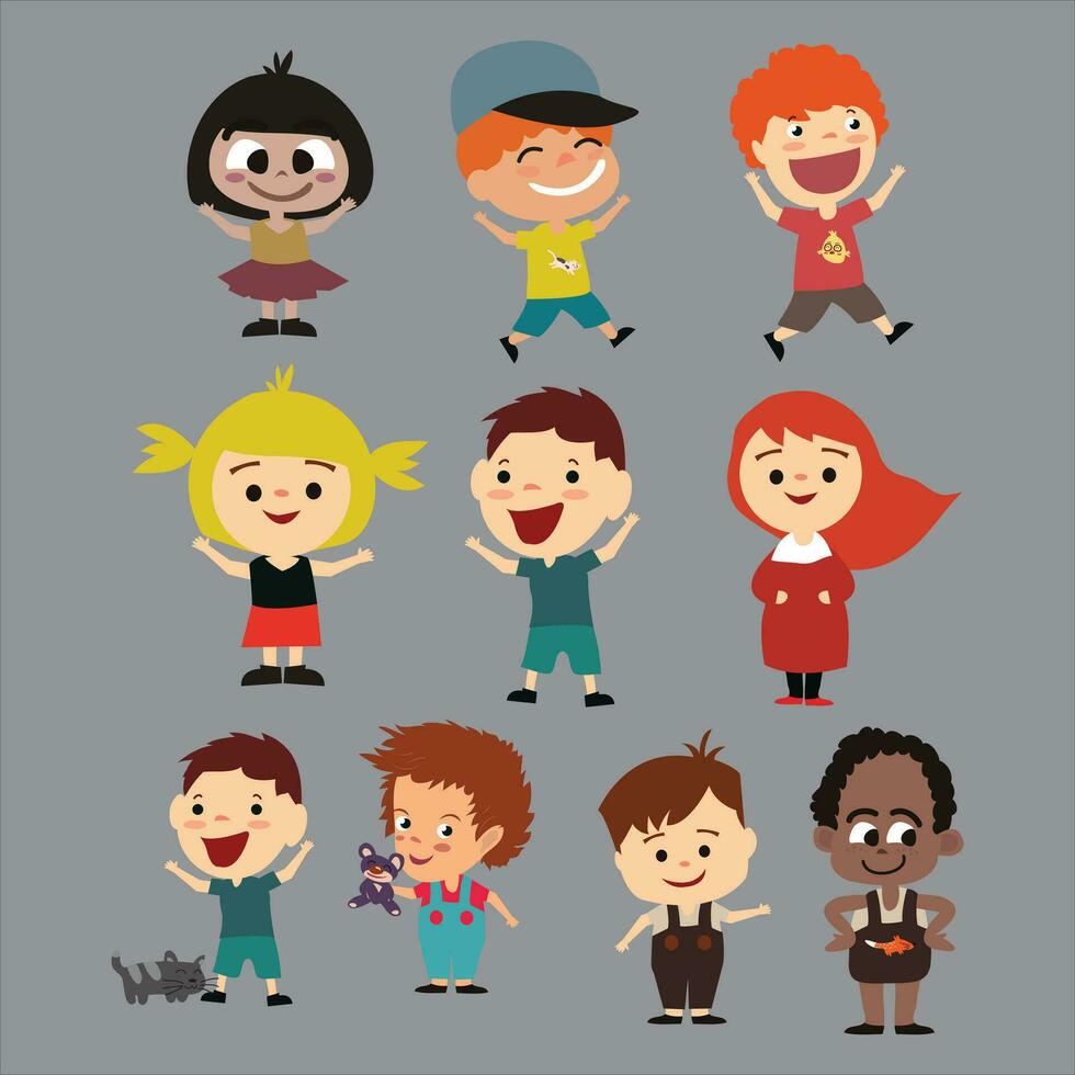 vector ilustración de linda niños jugando afuera. contento niños dibujos animados recopilación. multicultural niños en diferente posiciones aislado en blanco antecedentes.