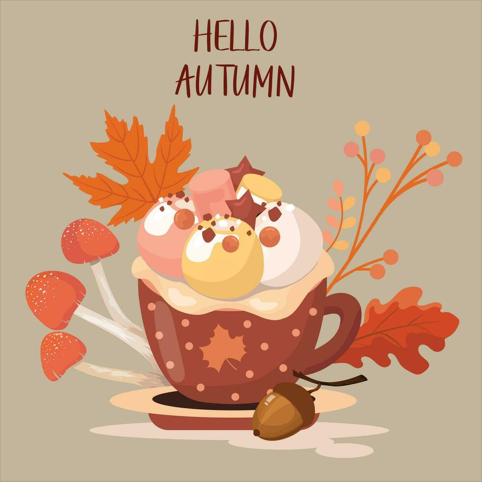 Hello Autumn Vector illustration with phrase in icecream and mushroom style decorated with beautiful bright leaves on a light background. Design for greeting card, Sale or promotion poster, flyer,.