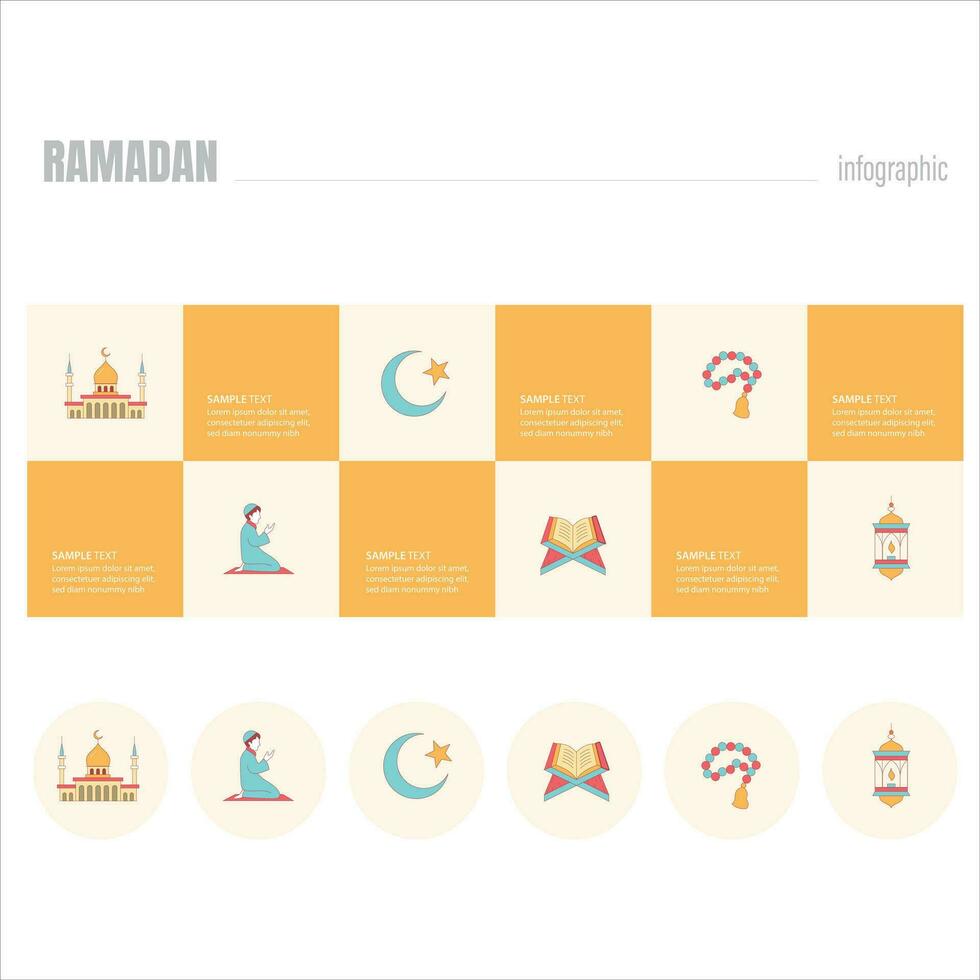 Ramadan - infographic vector flat design illustration with performance of worship. There are 6 steps of worship in completing Ramadan