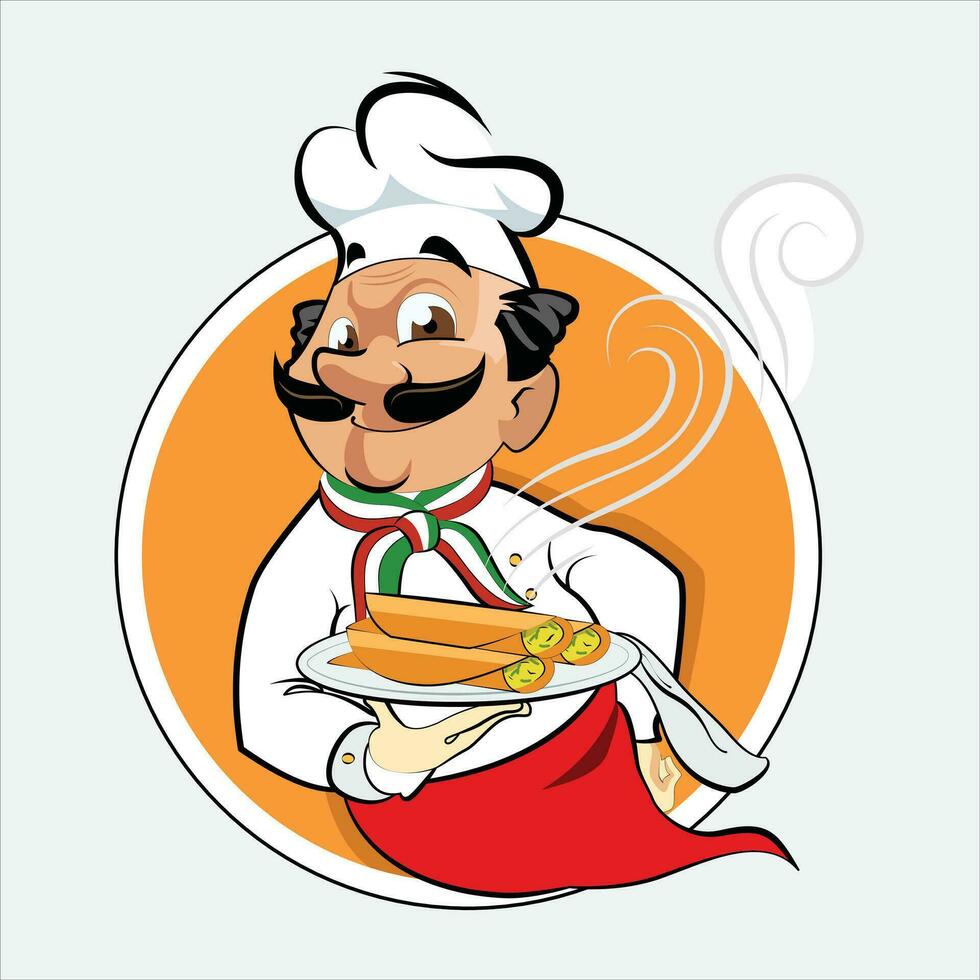 linda dibujos animados indio cocinero servicio comida en un bandeja, vector ilustración