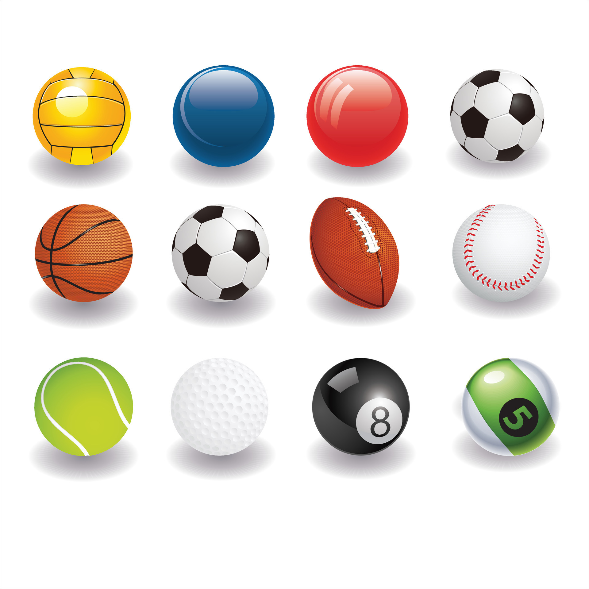 Collection of round and oval balls for different sports and recreation