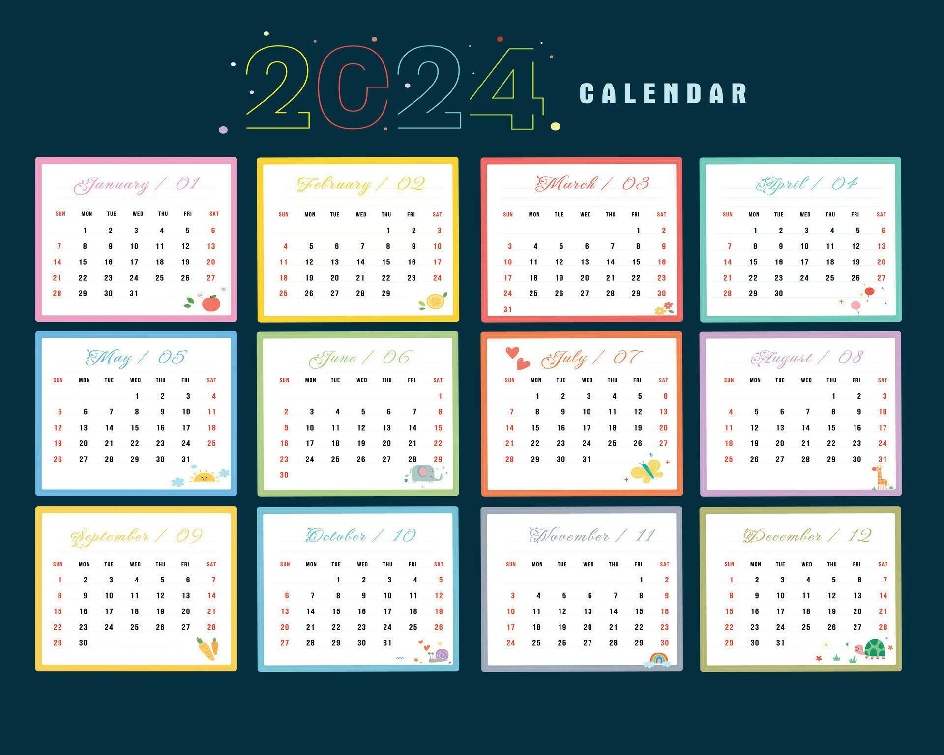 Calendar Template for 2024. Week starts on Sunday. dark green