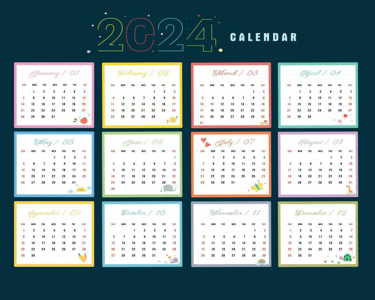 Calendar Template for 2024. Week starts on Sunday. dark green background. Work or business calendar. Minimalist style 2024 calendar. vector