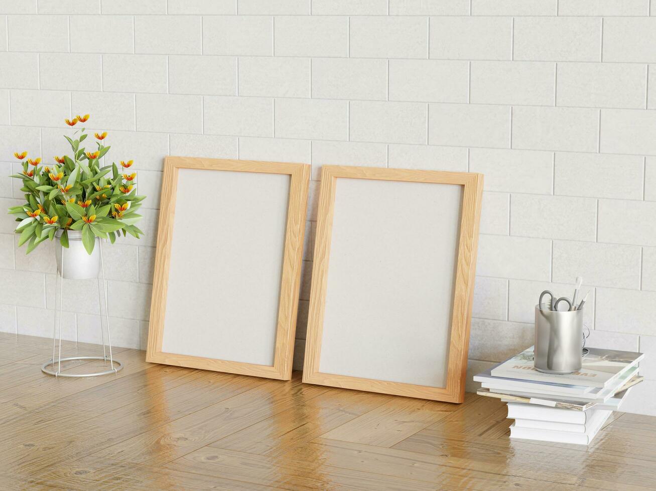 Frame with a beautiful flower and realistic wall and floor textures photo
