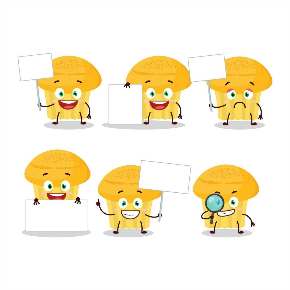 Cheese muffin cartoon character bring information board vector