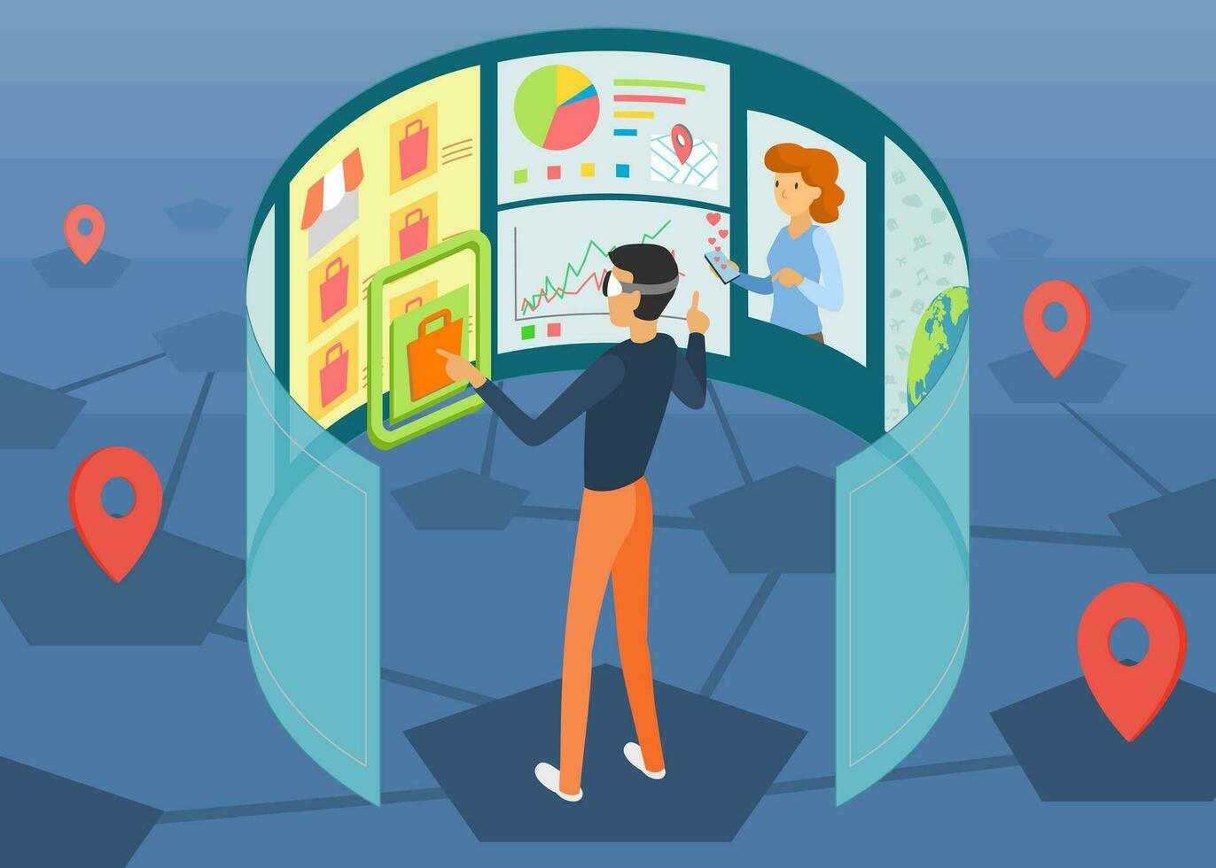 Digital marketing manager working with virtual screens and analyzing data , Vector illustration