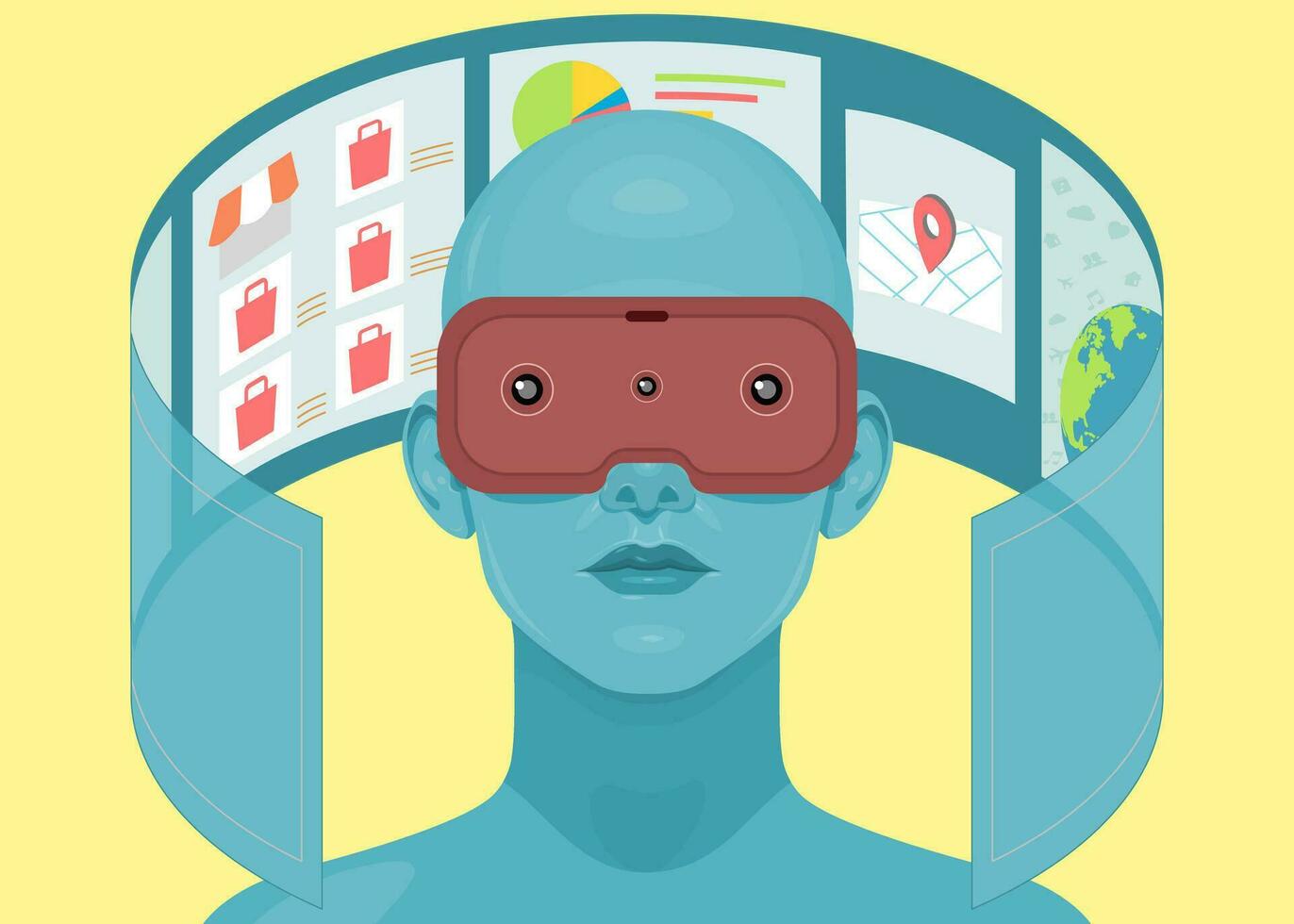 Human face in augmented or virtual reality glasses. Metaverse digital virtual reality technology, Vector illustration