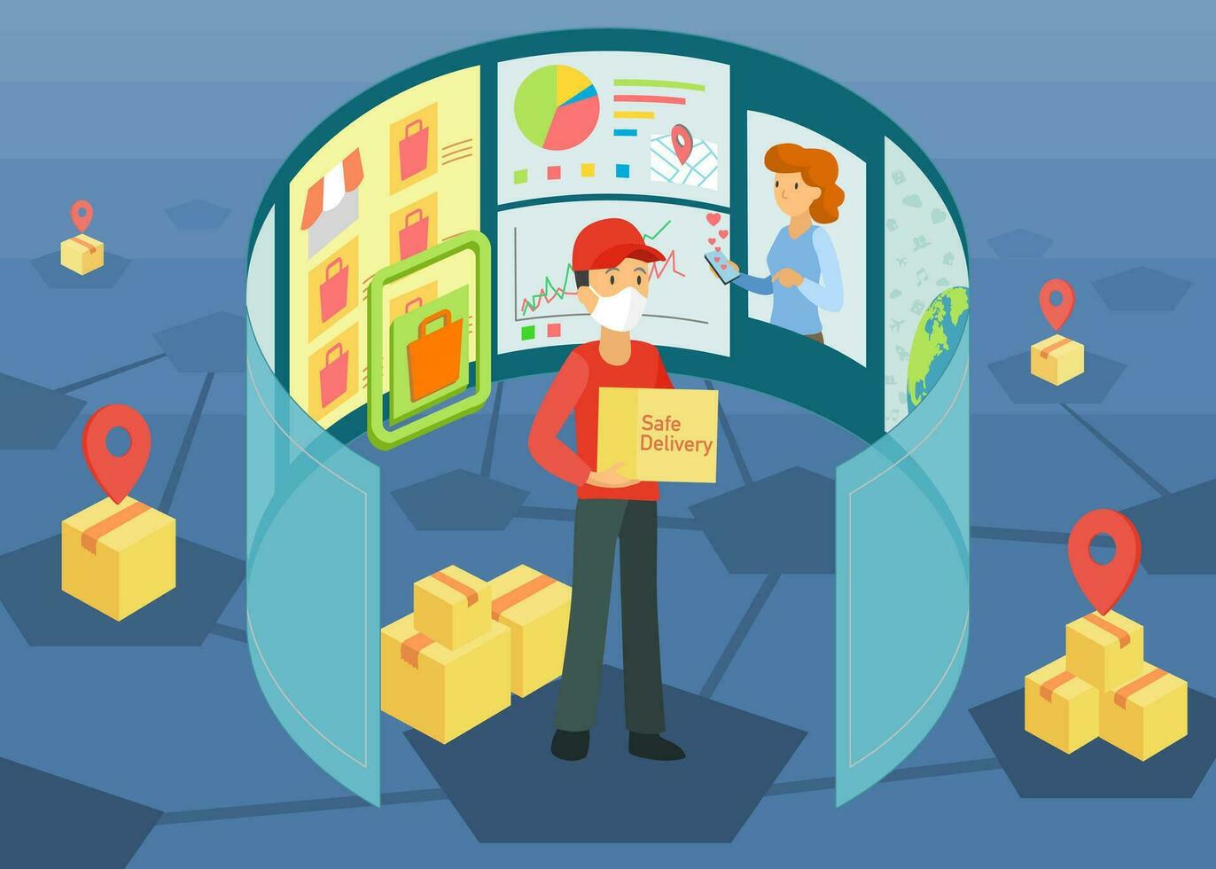 Digital marketing manager working with virtual screens and analyzing data , Vector illustration