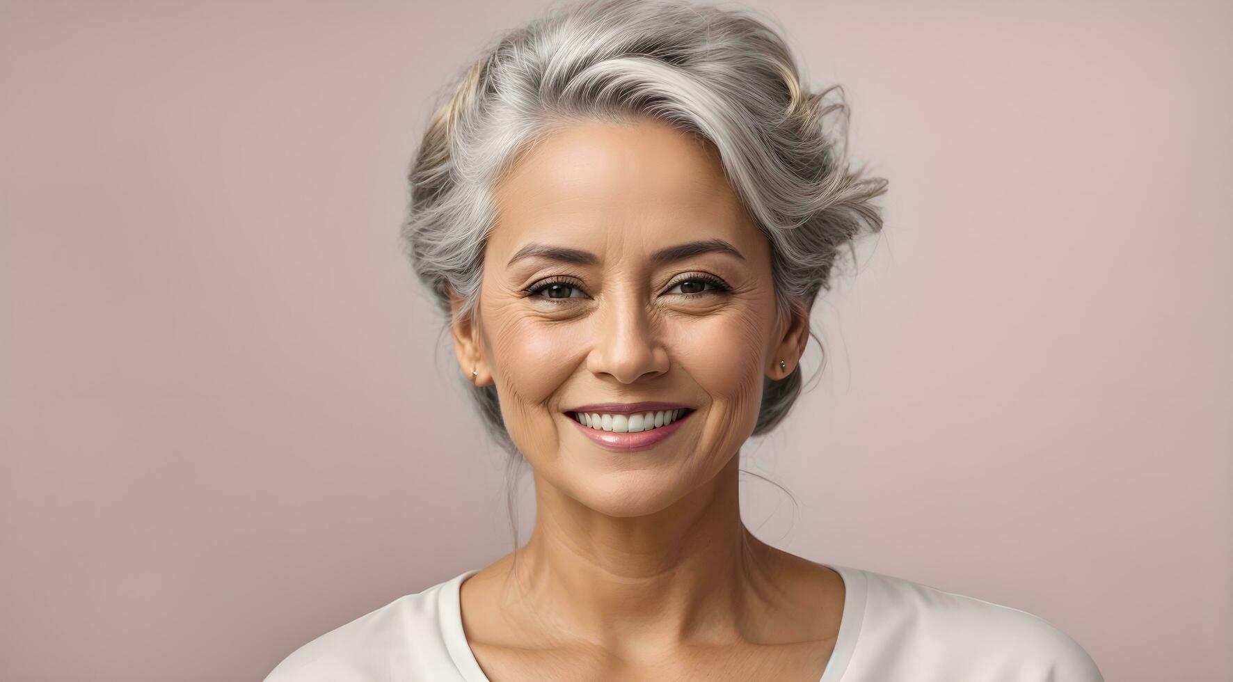 Ai generative Portrait of beautiful elderly woman smiling, happiness, grey hairstyle, background, banner, copy space text photo