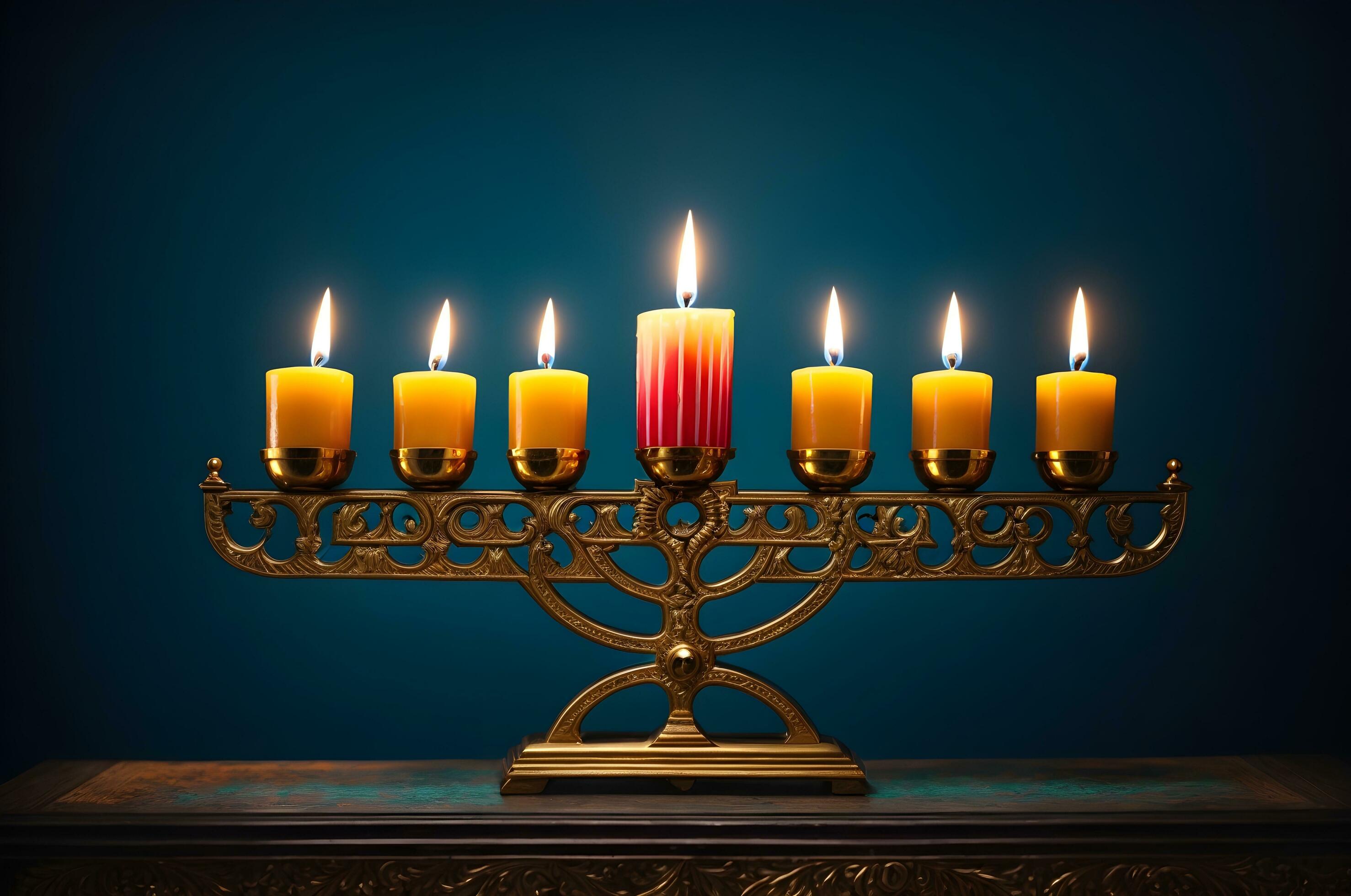 Ai generative Menorah candle holder with burning candles, Hanukkah