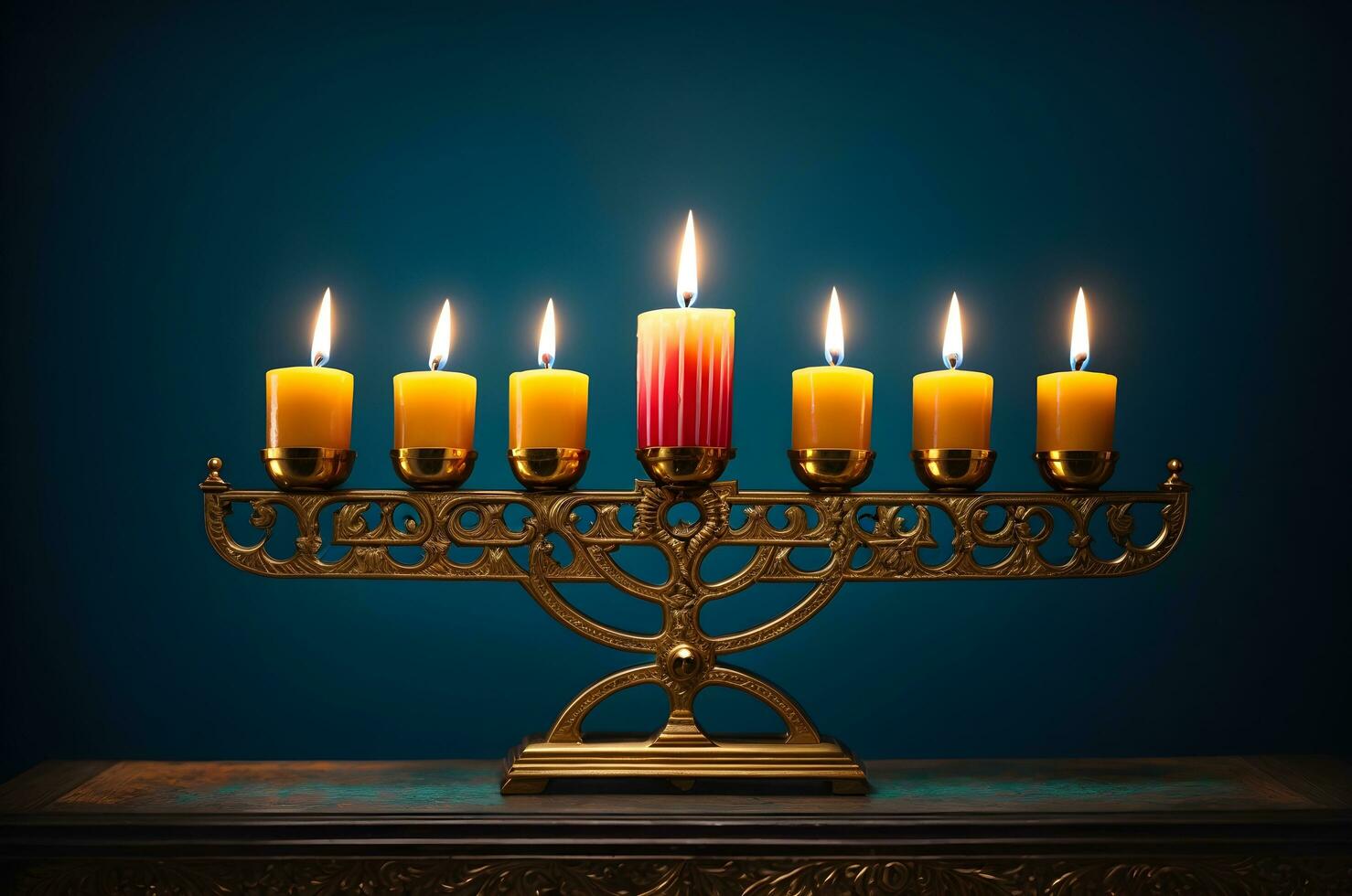 Ai generative Menorah candle holder with burning candles, Hanukkah symbol background, banner with copy space text photo