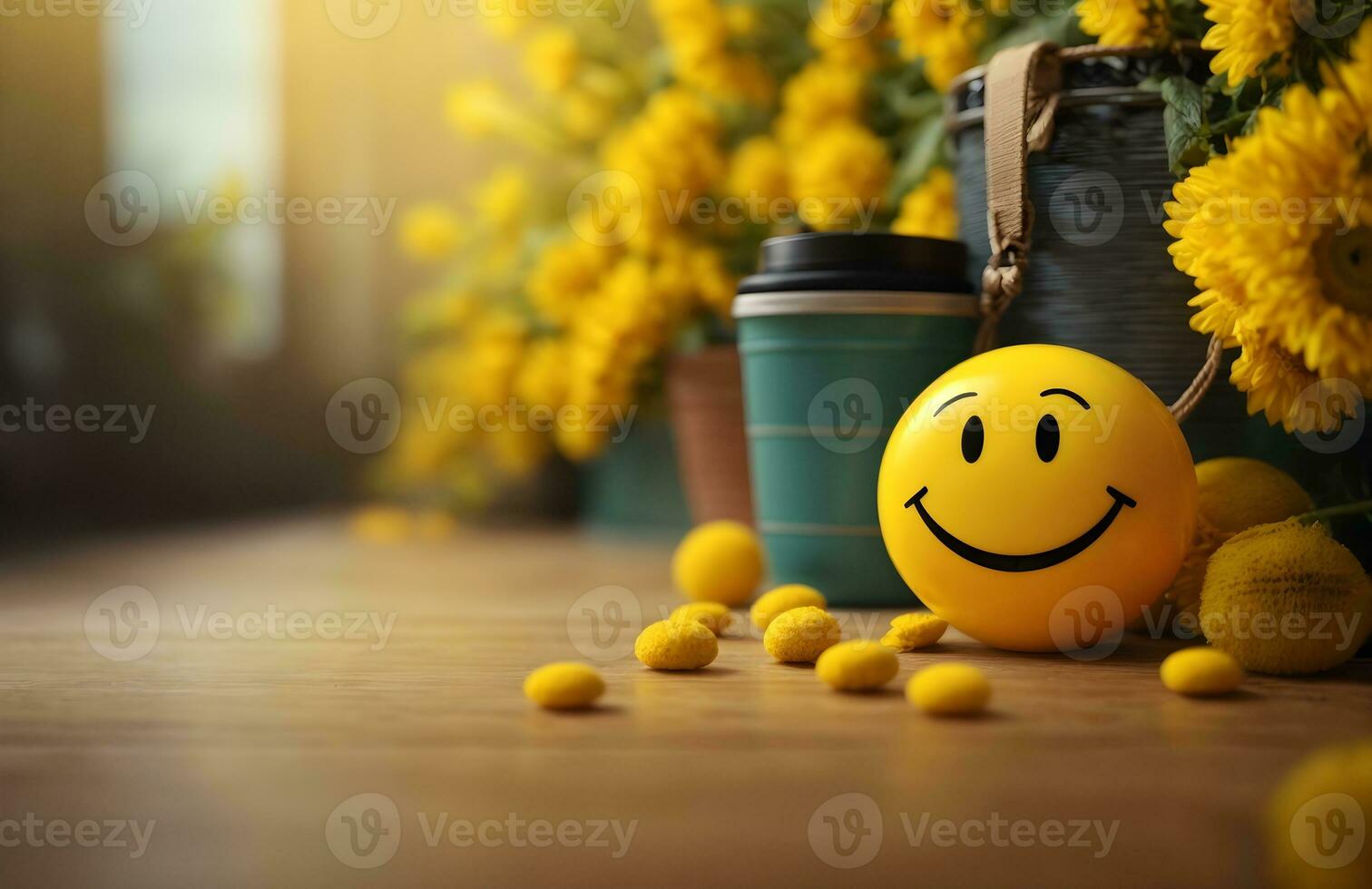 Ai generative World smile day concept, yellow smiley face emoji background, banner with copy space text photo