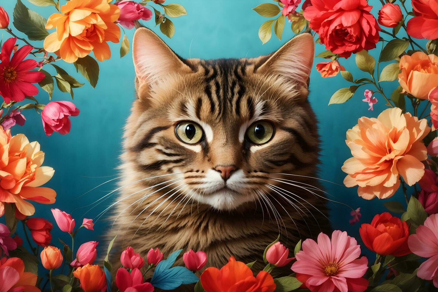 Ai generative Beautiful cat banner with flowers boarder, animal wallpaper with copy space text for world animal day photo