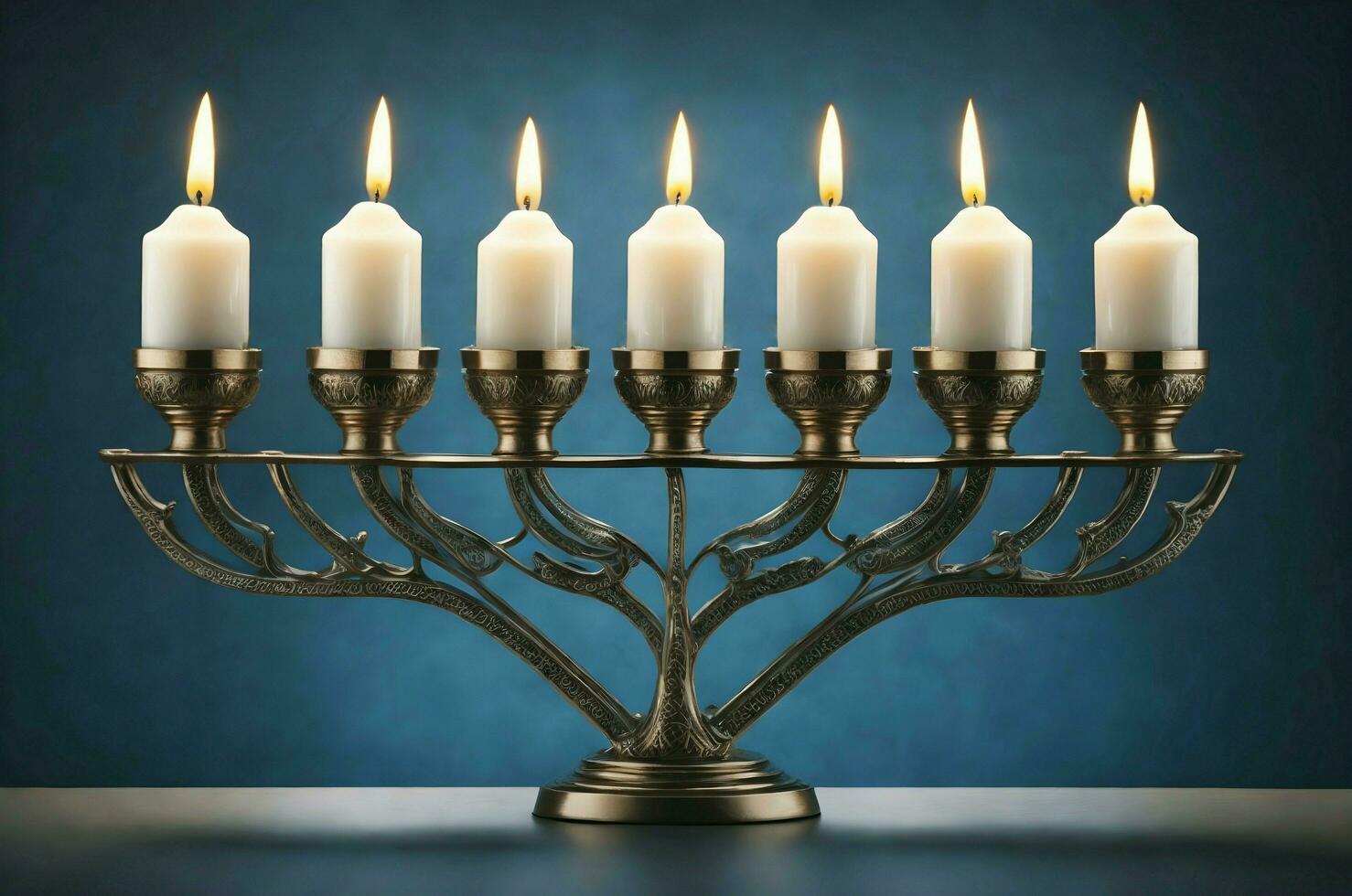 ai generativo Menorah vela poseedor con ardiente velas, Janucá símbolo fondo, bandera con Copiar espacio texto foto